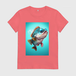 Футболка хлопковая женская Карп в бирюзовом озере, цвет: коралловый