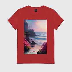 Футболка хлопковая женская Вечер в бухте, цвет: красный
