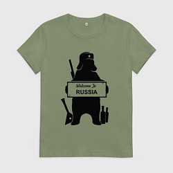 Футболка хлопковая женская Россия медведь балалайка водка ушанка, цвет: авокадо