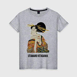Футболка хлопковая женская Утамаро Китагава - картина Гейша с трубкой, цвет: меланж