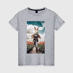 Футболка хлопковая женская Кролик едет на велосипеде, цвет: меланж