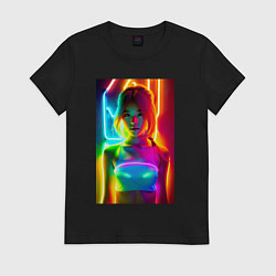 Футболка хлопковая женская Japanese girl - neon glow - neural network, цвет: черный