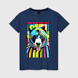 Футболка хлопковая женская Медвежья мордашка - поп-арт - нейросеть, цвет: тёмно-синий