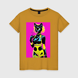 Футболка хлопковая женская Black cat - fashionista - pop art - neural network, цвет: горчичный