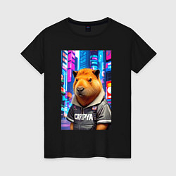 Футболка хлопковая женская Cool capybara - urban style - neural network, цвет: черный