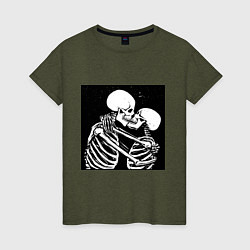 Футболка хлопковая женская Kissing skeletons, цвет: меланж-хаки