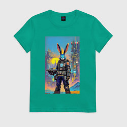 Футболка хлопковая женская Заяц с оружием - киберпанк - нейросеть, цвет: зеленый