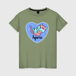 Футболка хлопковая женская Пушистый котик - водолей, цвет: авокадо