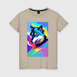 Футболка хлопковая женская Wolf - pop art - neural network, цвет: миндальный