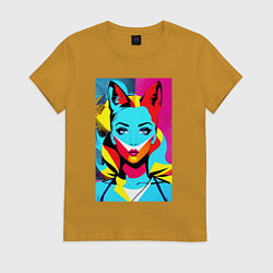 Футболка хлопковая женская Fox girl - pop art - neural network, цвет: горчичный