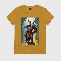 Футболка хлопковая женская Рогатый рыцарь - фантазия, цвет: горчичный
