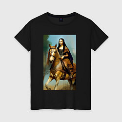 Футболка хлопковая женская Мона Лиза верхом на коне, цвет: черный