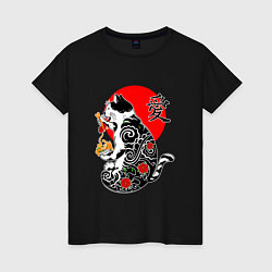 Футболка хлопковая женская Котик - якудза и иероглиф, цвет: черный