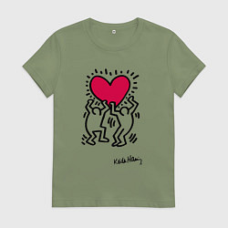 Футболка хлопковая женская Человечки с сердцем - поп арт Кит Харинг, цвет: авокадо