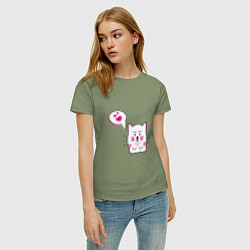 Футболка хлопковая женская Милый котик с сердечками, цвет: авокадо — фото 2
