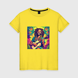 Футболка хлопковая женская Веселый растаман регги гитарист в стиле retrowave, цвет: желтый
