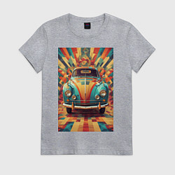 Футболка хлопковая женская Ретро машина в ярких цветах, цвет: меланж