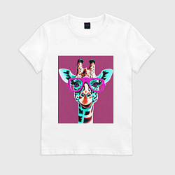 Футболка хлопковая женская Жирафа в розовых очках, цвет: белый