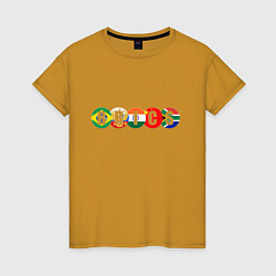 Женская футболка Надпись: BRICS с флагами государств участников