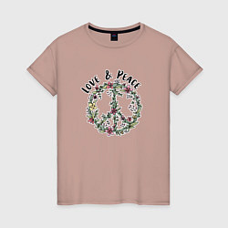 Футболка хлопковая женская Хиппи знак мира цветочный пастельный peace and lov, цвет: пыльно-розовый