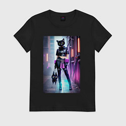 Футболка хлопковая женская Крутая модная кисуля в ночном Бронксе - нейросеть, цвет: черный