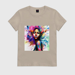 Футболка хлопковая женская Портрет афро девушки с акварельными брызгами, цвет: миндальный
