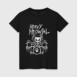 Футболка хлопковая женская Heavy Meowtal - кошачья музыка, цвет: черный