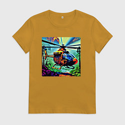 Футболка хлопковая женская Вертолет в небе, цвет: горчичный