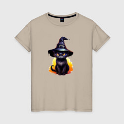 Футболка хлопковая женская Черный кот в шляпе хэллоуин, цвет: миндальный