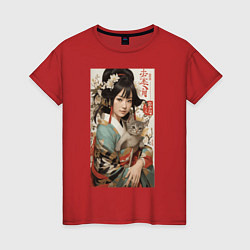 Футболка хлопковая женская Японская девочка в кимоно с котенком, цвет: красный