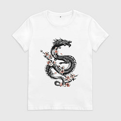 Футболка хлопковая женская Дракон с цветущей сакурой, цвет: белый