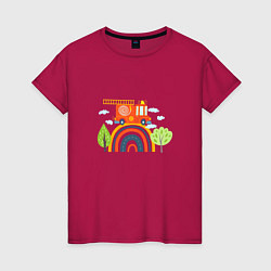 Футболка хлопковая женская Пожарная машина едет по радуге, цвет: маджента