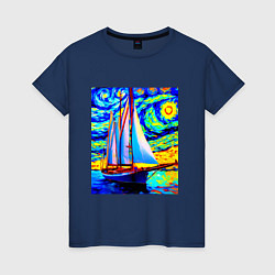 Футболка хлопковая женская Парусная яхта, цвет: тёмно-синий