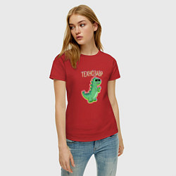 Футболка хлопковая женская Тираннозавр в очках с надписью технозавр, цвет: красный — фото 2