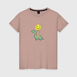 Футболка хлопковая женская Мультяшный динозавр и стекающий смайлик, цвет: пыльно-розовый