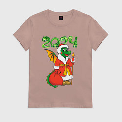 Футболка хлопковая женская Дракон дед Мороз, цвет: пыльно-розовый