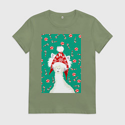 Футболка хлопковая женская Лама - альпака в ушанке, цвет: авокадо