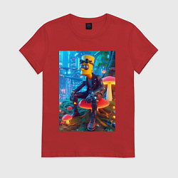 Футболка хлопковая женская Bart Simpson among mushrooms - ai art, цвет: красный
