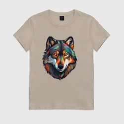 Футболка хлопковая женская Цветной портрет волка, цвет: миндальный