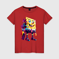 Футболка хлопковая женская Губка Боб с пистолетом - киберпанк - нейросеть, цвет: красный