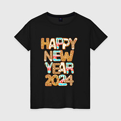 Футболка хлопковая женская С новым годом 2024!, цвет: черный