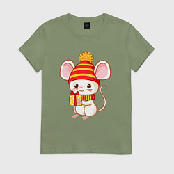 Футболка хлопковая женская Мышонок с подарком, цвет: авокадо