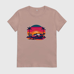 Футболка хлопковая женская Авто в киберпанк стиле на фоне заката, цвет: пыльно-розовый