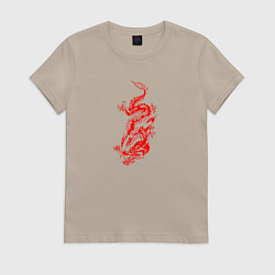 Футболка хлопковая женская Японский красный дракон, цвет: миндальный
