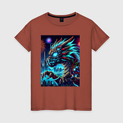 Футболка хлопковая женская Cyber dragon - ai art neon, цвет: кирпичный