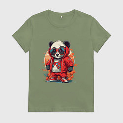 Футболка хлопковая женская Крутая панда в очках, цвет: авокадо