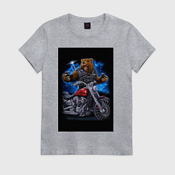 Футболка хлопковая женская Медведь байкер с мотоциклом, цвет: меланж