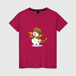 Футболка хлопковая женская Снеговик в костюме дракона, цвет: маджента