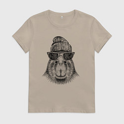 Футболка хлопковая женская Капибара хипстер, цвет: миндальный