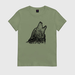 Футболка хлопковая женская Волк воющий гравюра, цвет: авокадо